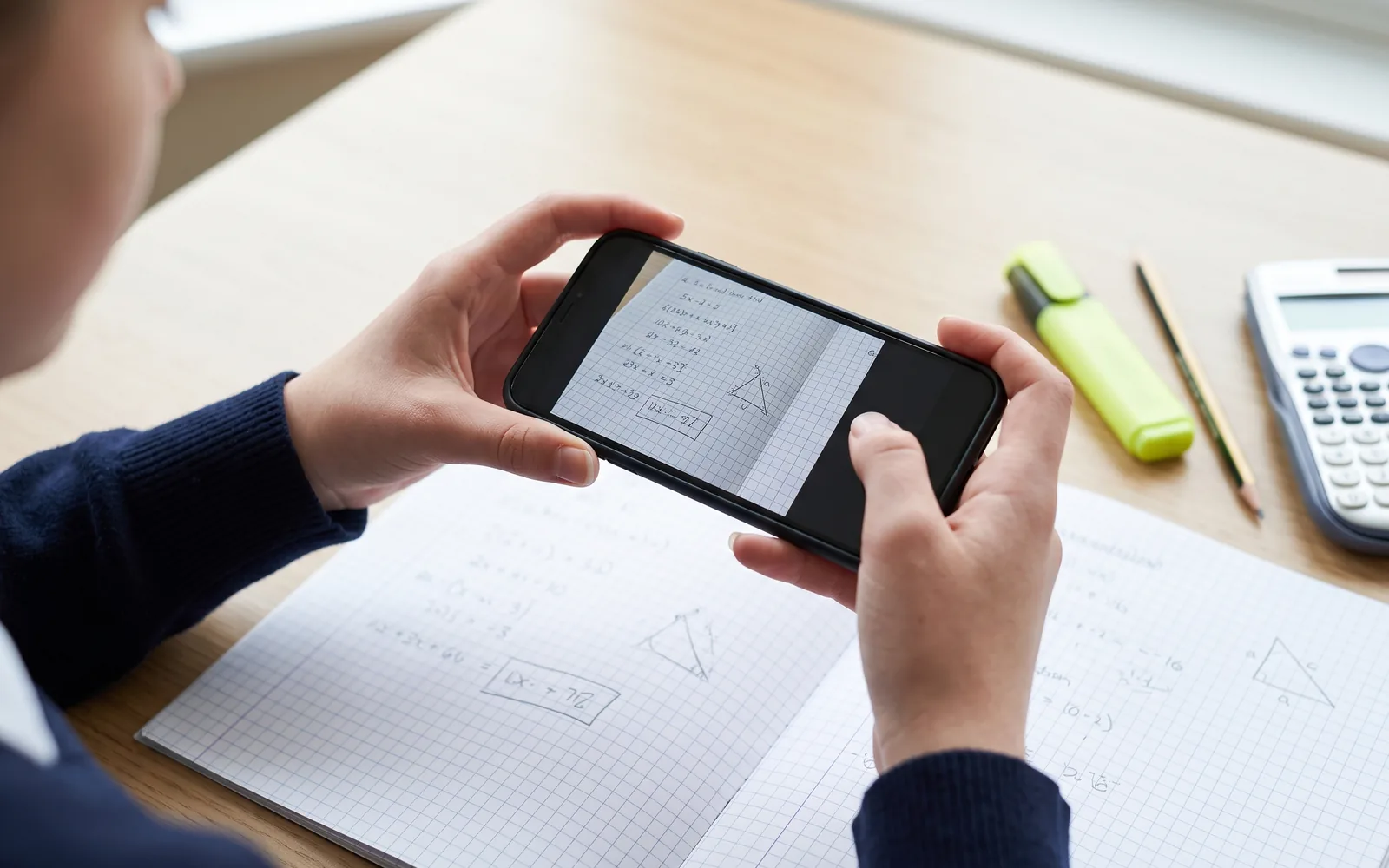 A phone photographing a page of handwritten maths