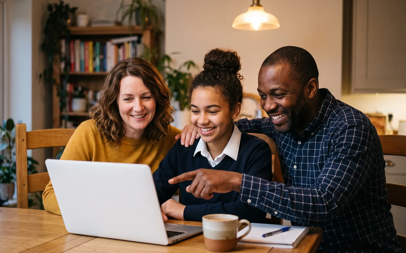 A parent and teenager reading a progress report on a phone